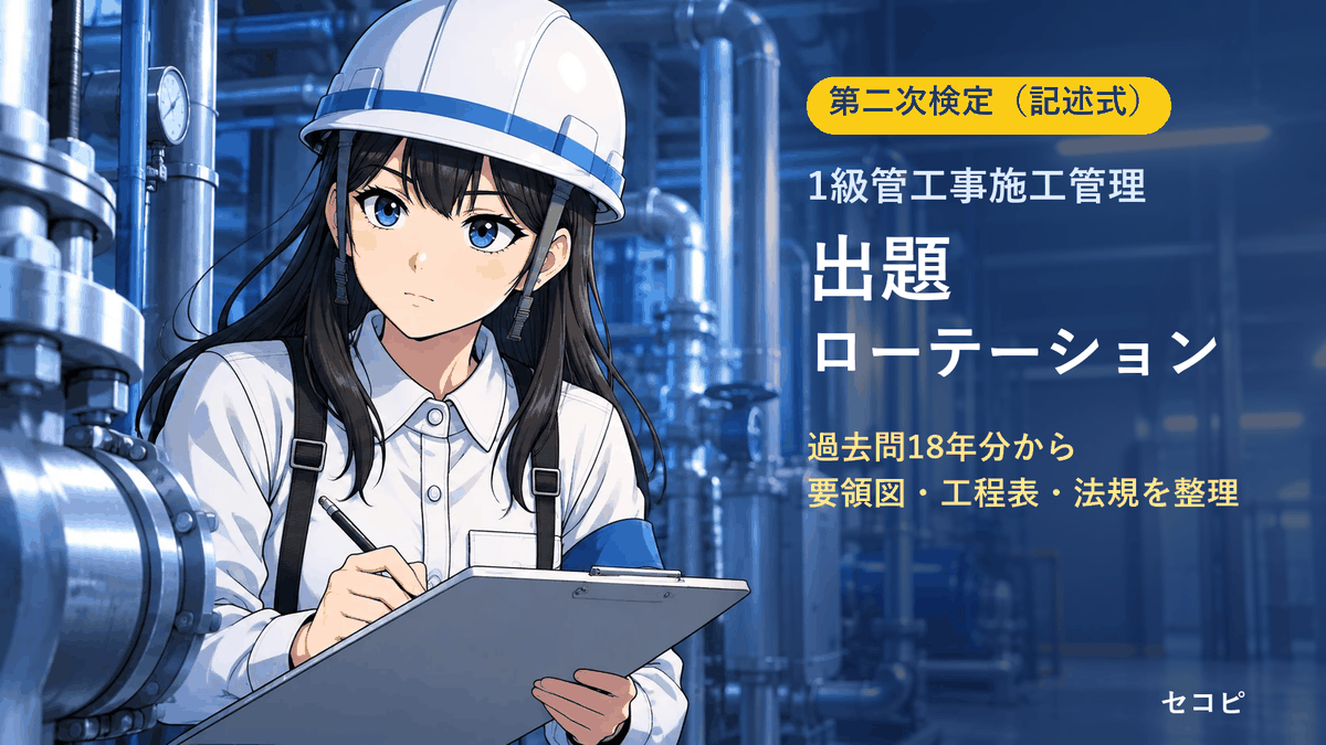 【1級管工事施工管理】第二次検定(記述式)の出題ローテーション|過去問18年分で分かった「毎年出る要領図と工程表」